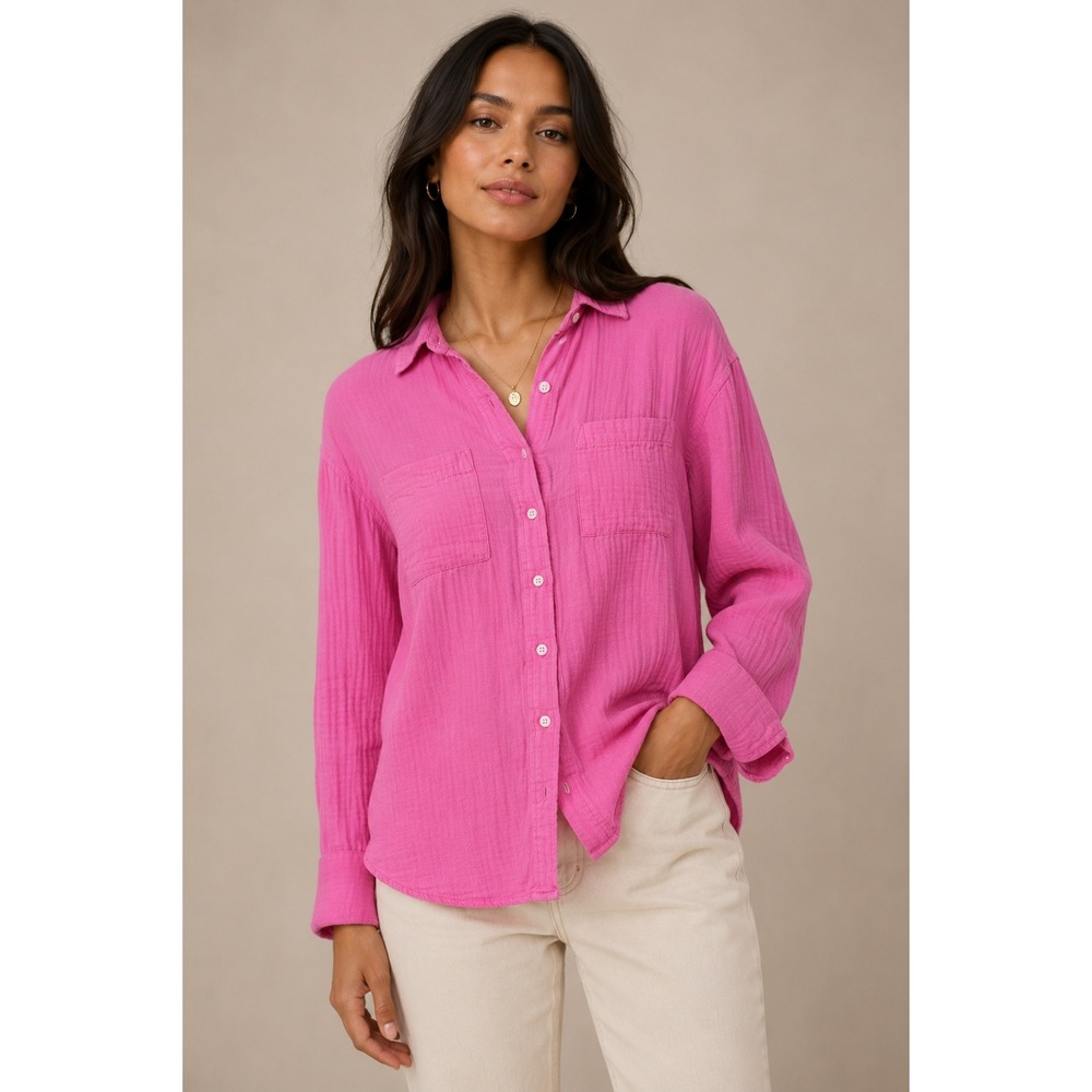 Gap Women Magenta Pink Double Gauze Cotton Crinkle Button Down Shirt Small